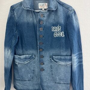 Blue Jean Jacket with Faded Wash and Collarless Design